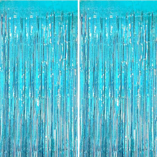 2 Stück Lametta-Folienvorhang, Metallischer Fransen-Hintergrund Party-Deko für Geburtstag, Hochzeit, Verlobung, Baby-Shower, Junggesellinnenabschied, Weihnachten, Fest (1 × 2,5 m, Hellblau)