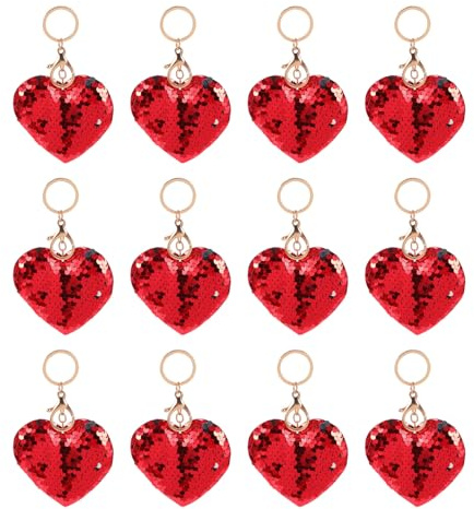 Hemobllo Porte-clés à Paillettes de Cœur, Lot de 24 Pièces, Tissu Scintillant, Couleur Rouge Vif, Porte-clés Saint-valentin, Décoration Paquet et Clés, Accessoire Femme