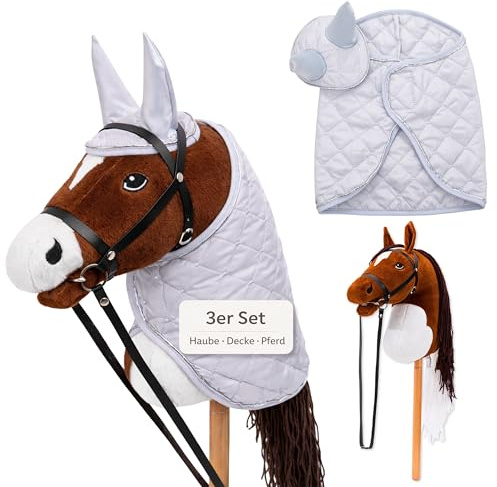 Hoofly® Hobby Horse Set – Großes Steckenpferd für Kinder mit Decke & Fliegenhaube | Komplettes Hobby Horsing Set mit Trense & 35 cm Schraubstab | Braunes Pferd – Graues Zubehör
