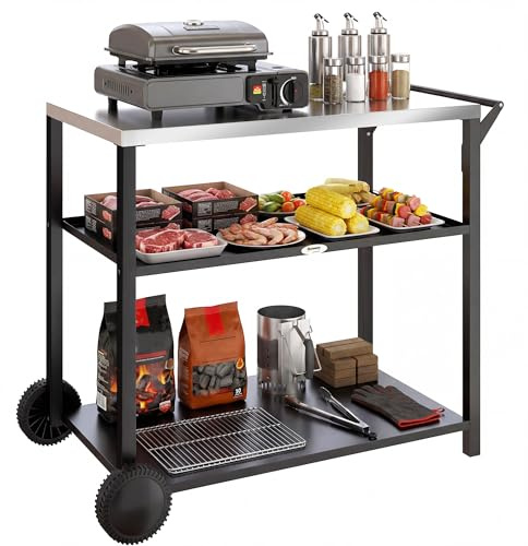 Outsunny Outdoor Grill Cart with Stainless Steel Tabletop for Kitchen Prep, Two-Tier Pizza Oven Stand, Food Prep Table on Wheels, Black