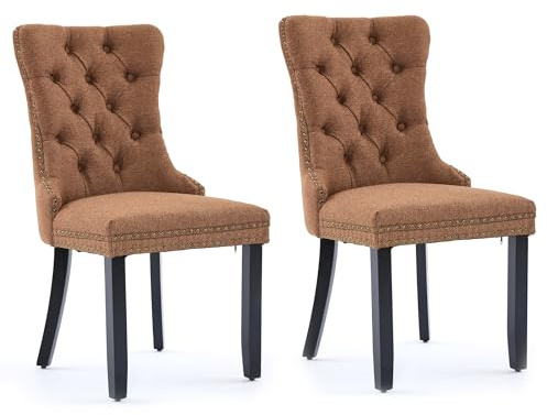 SEEDWAVE Esszimmerstühle 2er Set aus Leinen, moderner Küchenstuhl, Polsterstuhl mit Ringgriff, Nieten und Knopf-Rückenlehne, Holzfüße mit verstellbaren Fußpads, für Esszimmer und Küche (Kaffeefarben)