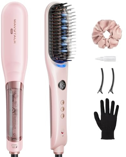Wavytalk Cepillo alisador de vapor e iones, Planchas de Pelo 4 en 1 | Steambrush Pro reduce el daño por calor con vapor e iones, peinado rápido, brillo sin encrespamiento, voltaje dual, Rosa