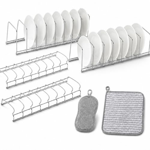 Zuckset 4 Pcs Plate Rack for Cupboard, Stainless Steel Plate Organiser Set | 2 low-profile bowl racks, 2 upright plate racks, sponge and 30 x 30 cm cloth; for plates, bowls, lids and chopping boards