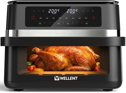 WELLENT 2950W Airfryer 2 Kammern, 12L XXL Heißluftfritteuse mit Sichtfenster, 8-in-1 Heissluftfritteuse Doppelkammer mit Match & Sync-Funktion, Schüttel-Erinnerung, Spülmaschinenfestmit