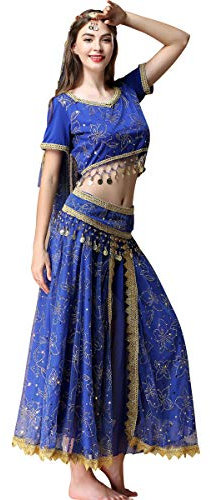 MISI CHAO Damen bauchtanz-kostüm bollywood kleid - chiffon indischer tanz-ausstattungs-halloween-kostüme mit kopf-schleier/x-Groß saphirblau