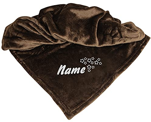 Schecker Bestickte Mikrofaserdecke Premium Hundedecke mit Hundenamen - Viele Farben - Viele Motive - bei 60 Grad Waschbar - Braun - Sterne mit Name