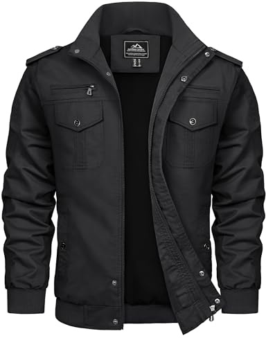 TACVASEN Herren Übergangsjacke Frühlingsjacke Stehkragen Cargo Jacke Militär Baumwolle Arbeitsjacke mit Vielen Taschen