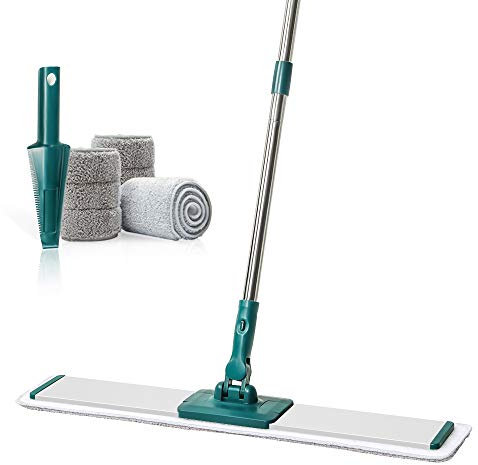 CQT Commercial Flat Microfiber Floor Mop Cleaning System 24 Inch Wet Dry and Dust Hardwood with 4 Washable Pads Cleaner for Laminate Tile Stainless Steel Handle and Extension (PT14 Green)