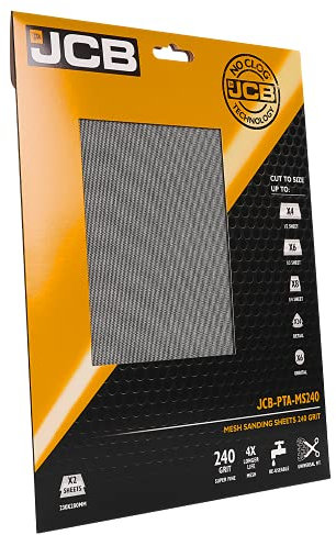 JCB - 240 Grit Mesh Sanding Sheets - 2 x Very Fine Metal Mesh Sanding Paper Sheets - Power Tool Accessory, Compatible with Palm, Orbital and Disc Sanders - Ideal for Surface Preparation and Finishing