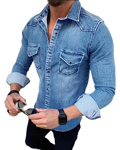 each women Camicia di Jeans A Maniche Lunghe da Uomo Slim Fit Camicia Casual con Bottoni A Pressione Taschino con Risvolto