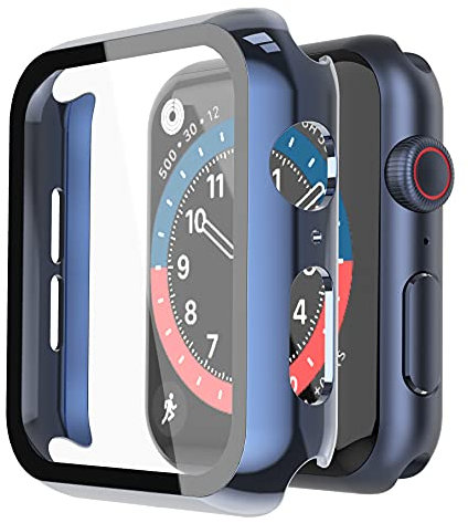 Misxi Hard Hülle mit Glas Displayschutz Kompatibel mit Apple Watch Series SE 2 (2024) / SE/Series 6 / Serie 5 / Series 4 40mm, 2-Stück, 1 Blau + 1 Transparent