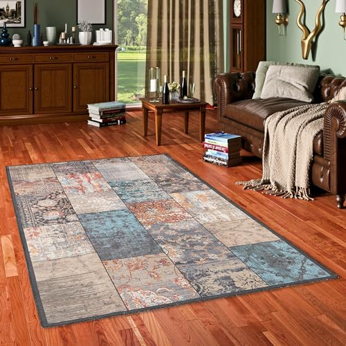 Pergamon Vintage Designerteppich Flachgewebe, Pflegeleicht, Used-Look, Teppich Finesse Barock Bunt Patchwork in 5 Größen