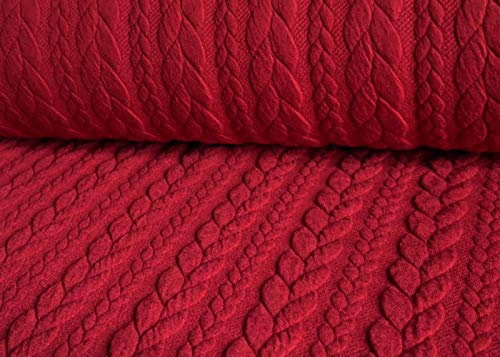 Dehnbarer Strickstoff mit Zopfmuster in dunklem Rot als Meterware zum Nähen, 50 cm
