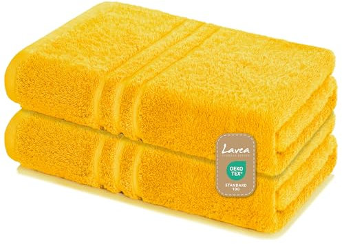 Lavea 2er Set Saunatuch 80x200 cm – Hochwertige, Saugstarke Saunatücher aus 100% Baumwolle, Frottierserie Elena – Waschbar und Strapazierfähig - Rapsgelb