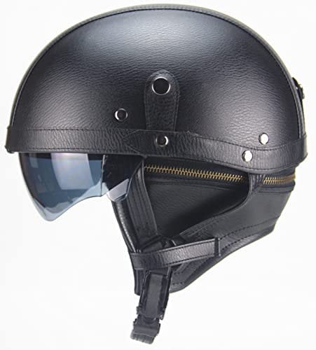 BAUTI Motorbike Leather Half Helmet Removable Thermal Bib Retractable Brown Visor Open Face Motorcycle Helmet for Men and Women ECE Approved Jet Helmet Moped Scooter Cruiser B,L=(58-59CM)