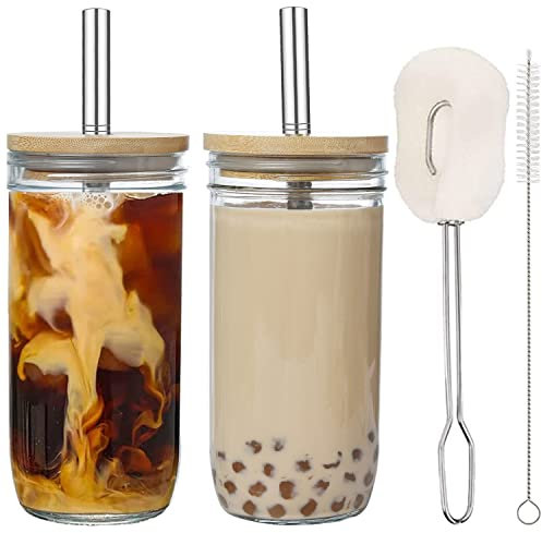 ALINK 2-Pack 24 oz Glass Cup Bubble Tea Cups, Reusable Mason Jar Cups/Wide Mouth Smoothie Cups with Wood Lids and Straws, Iced Coffee Cups