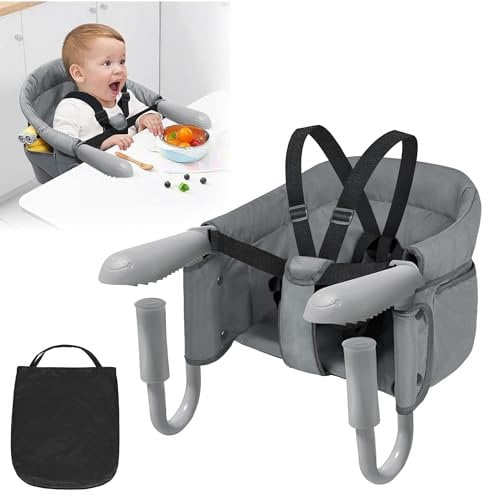 XMTECH Tischsitz Faltbar Babysitz Baby Hochstuhl Sitzerhöhung,Babystuhl zum Befestigen am Tisch,ortable Stabile Struktur Stuhlsitz,Gepolsterter Tischstuhl mit Tasche,Grau