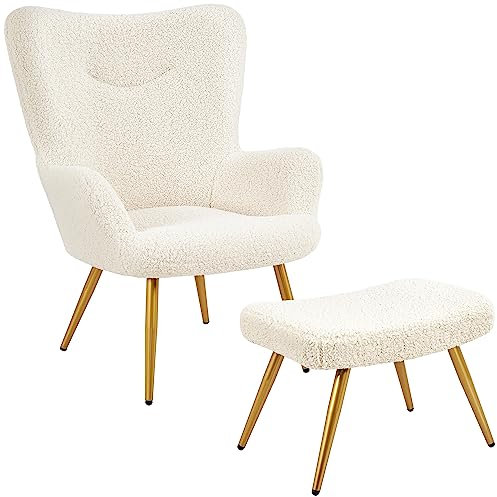 Yaheetech Boucle Tub Chair with Ottoman, Sherpa Fuzzy Armchair, Lounge Chair with High Back and Footstool for Living Room, Bedroom, Study, Ivory