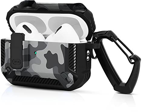 AirPods Pro 2 Hülle 2022 mit Verschlussdeckel und Schlüsselbundhaken,Staub- und stoßfestes, langlebiges Gehäuse (Tarngrau)