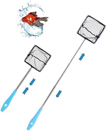 Quadratischer Kescher Fischnetz, Aquarienkescher mit Teleskopstiel, aus rostfreiem Stahl, zum Fangen von kleinen Fischen und Garnelen und zur Reinigung des Aquariums(Blau)