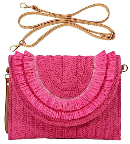 HINGTAT Bolso de mano de paja para mujer, bolso cruzado de paja, bolsas de playa para mujer, bolsa de tela de paja, bolsa de fiesta para fiesta de noche, 01-rosa intenso