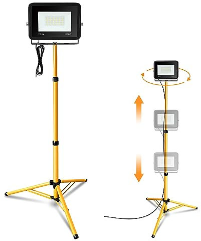 Jiubiaz Baustrahler LED mit Stativ, 20W Arbeitsstrahler 1700LM Bauscheinwerfer 6000K Kaltweiß, Höhenverstellbar Stativ und 1m Kabel, IP66 Wasserdicht Baulampe Schuppen (kein Stecker)