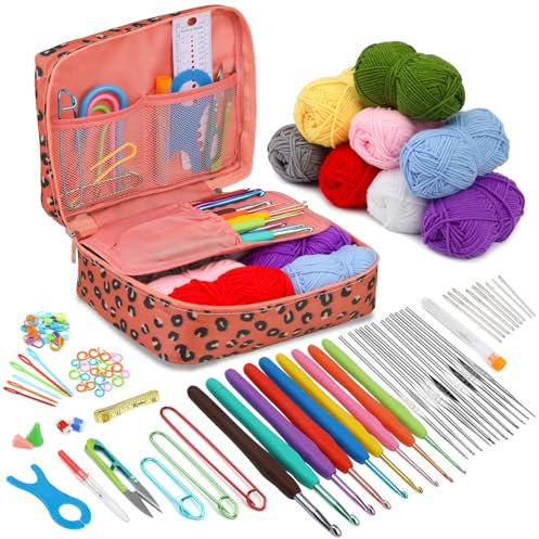 Doxiru 107-teiliges Häkelnadel-Set, Häkel-Starter-Set, Häkelset für Anfänger, ergonomisches Häkel-Starter, Häkelnadel und Garnstrickzubehör mit Häkeltasche