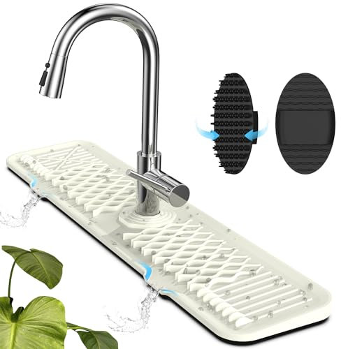 AhhaLife Paraspruzzi per lavello da cucina in silicone con spazzola per la pulizia, Maniglia per rubinetto in silicone lunga e spessa, Vaschetta raccogligocce per cucina e bagno,Bianco