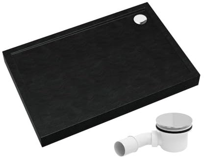 AQUABAD Duschwanne/Duschtasse | Komplettset Ultima mit LeakProtect Technologie Black Stone 80x120cm Rechteck | inkl. Ablaufgarnitur/Siphon Alcadrain A49CR