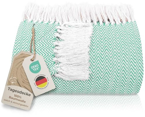 Gräfenstayn Premium Tagesdecke mit Fransen - 100% Baumwolle - 150 x 200 cm - Fischgrätenmuster Sommerdecke - Baumwolldecke als Bett-Überwurf, Couch-Überwurf, Sofa-Decke (Mint)