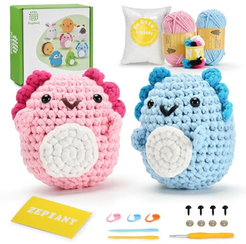 Häkelset für Anfänger, Amigurumi Häkeltier-Sets mit Schritt-für-Schritt-Video-Tutorials, Strick-Starterpaket für Erwachsene und Kinder, 2 Axolotls