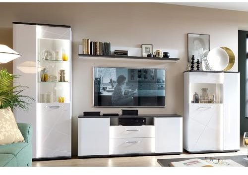 Wohnwand Wohnmöbel Set weiß 4-teilig Modern, 1 Vitrine, 1 Wandboard, 1 Lowboard, 1 Highboard inkl. Beleuchtung
