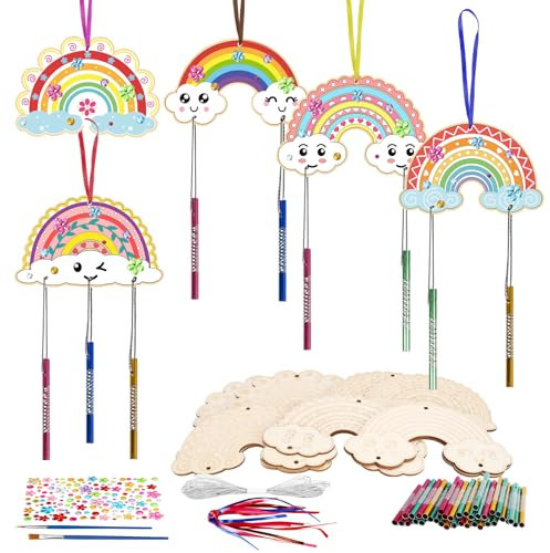 WEDNOK 10 Stück Regenbogen Windspiel Bastelset Kinder Holz Klangspiel Basteln Bastelhandwerk zum Bemalen Rainbow Kreativsets für Mädchen Junge Kindergeburtstag Bastelarbeiten