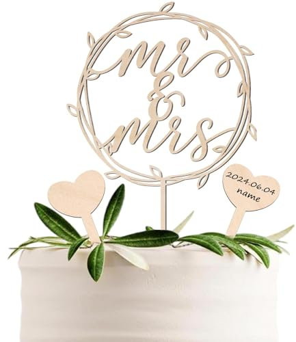 Mr & Mrs Cake Topper Hochzeit Holz Tortendeko Hochzeit und 2 Herz Cake Topper zum Beschriften Hochzeitstorte Deko für Hochzeit Jubiläum Verlobung Antrag