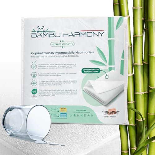 Tessiharmony Coprimaterasso Matrimoniale Impermeabile 160x200, Spugna Fibra di Bambù 70%, Proteggi Materasso Antiacaro Morbido e Traspirante con Angoli Elasticizzati fino a 30 cm – Premium