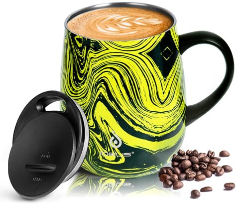 Ideus 16 oz Insulated Coffee Mug with Handle and Lid, Double Wall Stainless Steel Vacuum Insulated Tumbler Cup, Travel Coffee Cup Thermal Cup for Home Office (Yellow Zebra)