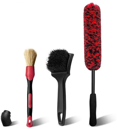 3Pcs Car Wool Fiber Wheel Brush Set - Square and Detailing Brushes, Car Wash Kit Tyre Rim Brush Tool for Vehicles, Motorcycles, Bicycles - Red