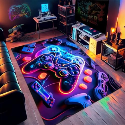 Xisnuient Teenager Bedroom Rugs Gamer Rug Gaming Deco Boys Room Modern Living Room Anti-slip Rug 3D Dazzling Neon Coloured Graffiti Game Console Soft Flannel Carpets (Navy,120x160cm)