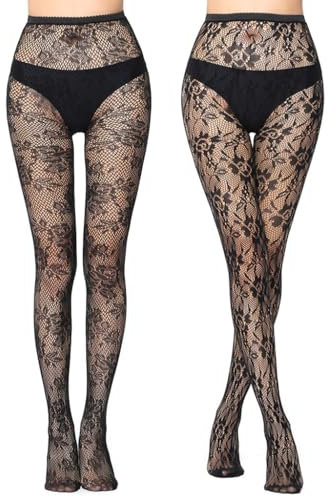 Strumpfhosen Damen Muster, Hohe Taille Sexy Netzstrumpfhose mit Reizvollen und Charmanten Aushöhlen Muster, Schiere Mesh Loch Strumpfhose, 2 Paar Schwarz-Blumen