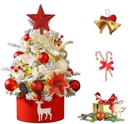 Artificial Mini Christmas Tree, Small Xmas Trees, Snow Flocked Pine Xmas Tree, 17.72 in Tabletop DIY Small Christmas Tree wtih Hanging Ornaments Lights for Christmas Decoration (Red)