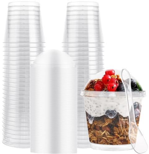 FWEEK 100PCS 210ml/7oz Clear Plastic Dessert Cups with Lids, Reusable for Party, Wedding