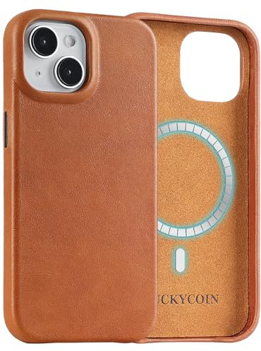 LUCKYCOIN Genuine Leather Phone Case for iPhone 15 6.1 in,Compatible with Magsafe,Leather Basic Cases Cover with Wireless Charging Metal Buttons,Slim Fit Slip Shockproof Protective - TAN