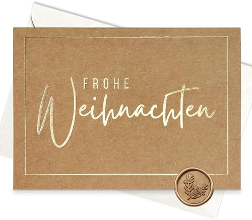 3er Set Weihnachtskarten Kraftpapier Goldfolie Frohe Weihnachten | inkl. Briefumschlägen & Wachssiegel, edle Heißfolienprägung, Frohe-Weihnachten-Schriftzug
