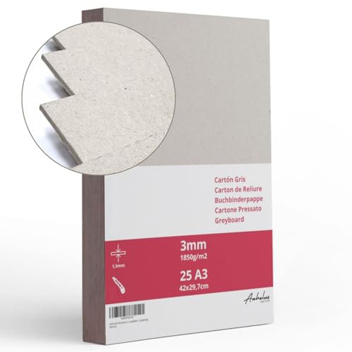 25 Blatt A3 Graupappe 3 mm dick, Größe 42x29,7cm, Buchbinderpappe 1850 g/m², Graukarton, Presskarton, Recyclinkarton, Bastelarbeiten, binde, Scrapbooking