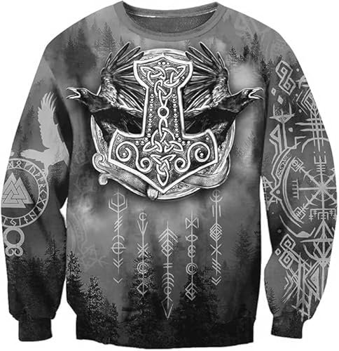 TAYGUM Wikinger-Hoodie 3D-Druck Nordische Mythologie Odin Krähe/Der Hammer Von Thor Hoodie Frühling Herbst Pullover Für Herren Und Damen Party Cosplay Kostüm(Der Hammer von Thor Shirt,2XL)