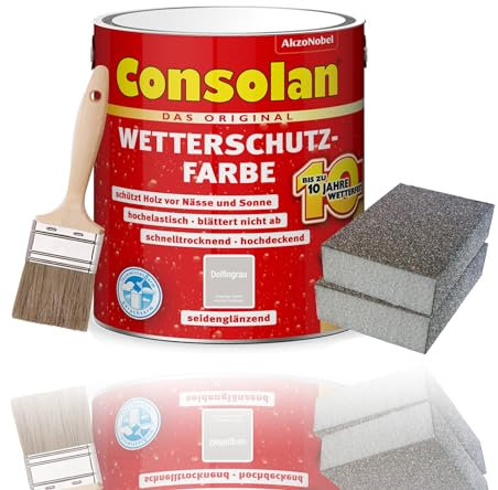 Consolan Wetterschutzfarbe Set 750 ml Holzfarbe Dauerschutz Deckend (Delfingrau)