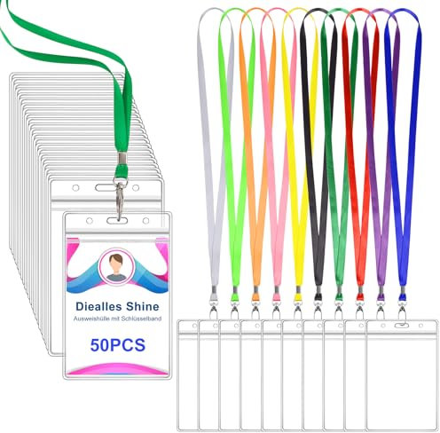 Diealles Shine 50 Stück Ausweishülle mit Band, Kartenhülle, Ausweishalter, Waterproof Transparent Kartenhalter mit Band für Geschäfts Messe Schulen (Farbe)