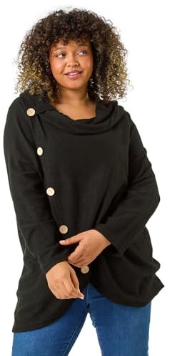 Roman Curve Cowl Neck Button Wrap Top for Women UK - Ladies Autumn Everyday Winter Holiday Long Sleeve Soft Knit Jersey Jumper Warm Cozy Tops - Black Plus - Size 20