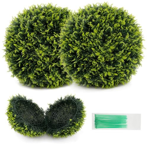 COSTWAY 2 Piezas de Bolas de Planta Artificial Ciprés 55 cm, Bolas Decorativas Falsas para Interiores y Exteriores, Esferas de Boj Topiario Protectores del Sol para Patio, Hogar, Boda