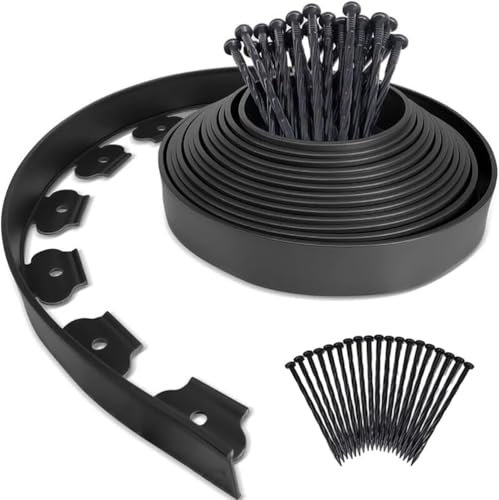 Borde Separador Jardín, Césped Borde, Separador de Piedras, Flexible de Plástico, Longitud 10 m, Altura 5 cm, con Clavijas de sujeccion, Marrón, Negro o Verde. (Negro)